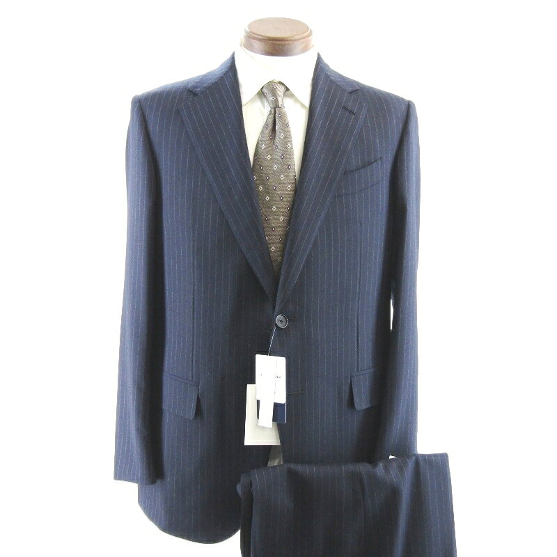 【中古】未使用 CARUSO × SHIPS カルーゾ スーツ norma suit 2釦 総裏地 サイドベンツ 2プリーツ イタリア製 ネイビー ストライプ 46ジャケット セットアップ シップス銀座45周年 シングル メンズ 35005278