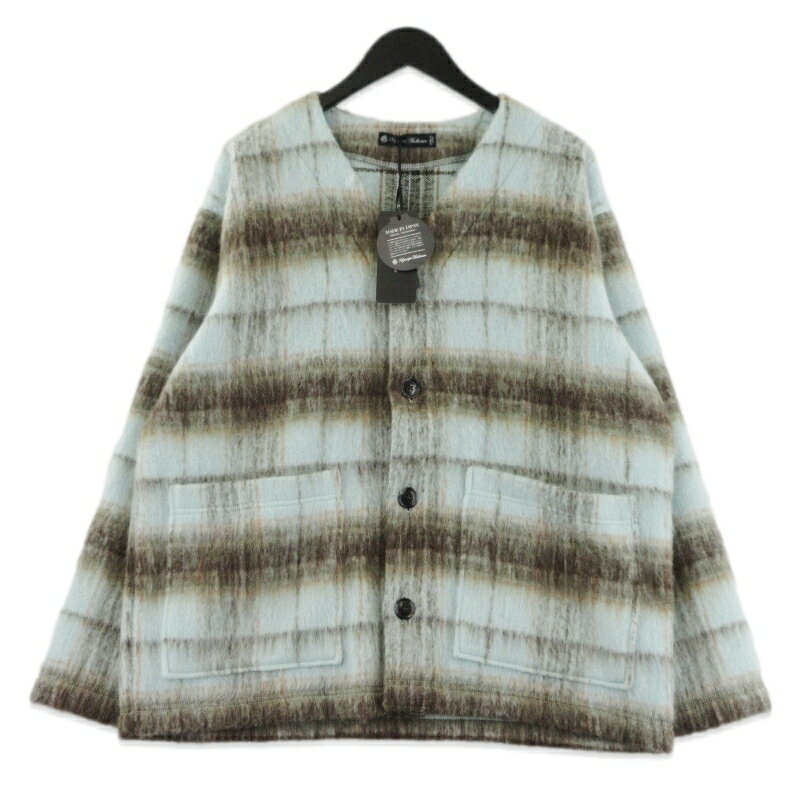 樂天商城 - 【中古】未使用 UPSCAPE AUDIENCE アップスケープオーディエンス ノーカラージャケット AUD7339 ECOLANA MINT × BROWN M オーバーサイズシャギーチェック カーディガン メンズ 70017517