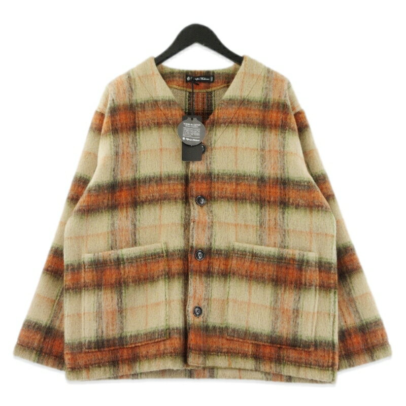 樂天商城 - 【中古】未使用 UPSCAPE AUDIENCE アップスケープオーディエンス ノーカラージャケット AUD7339 ECOLANA MINT × BROWN M オーバーサイズシャギーチェック カーディガン メンズ 70017518