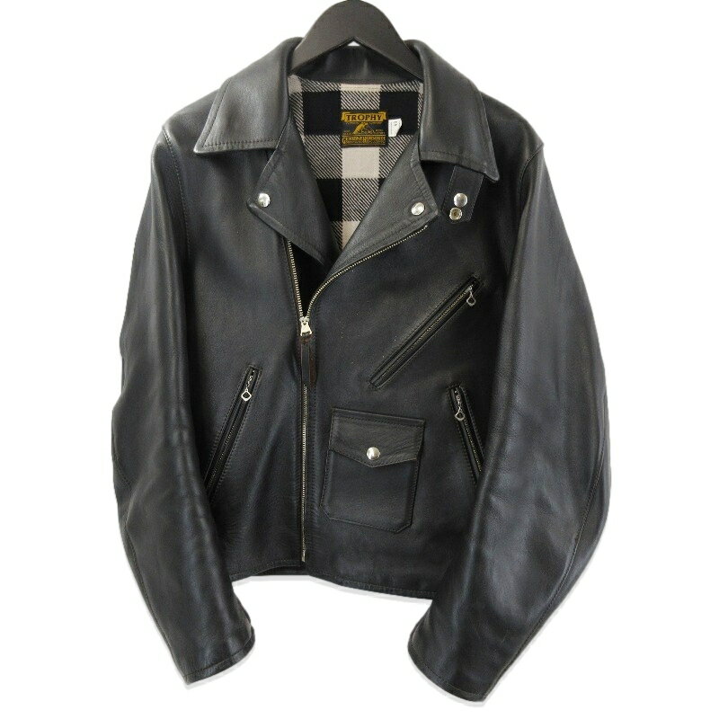 【中古】TROPHY CLOTHING トロフィークロージング ダブルライダース Ranger 茶芯 ホースハイド サドル馬革 日本製 ブラック 黒 40裏地チ...