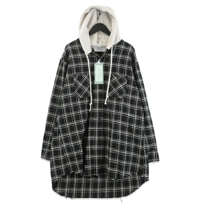 樂天商城 - 【中古】未使用 AZUMA アズマ PLAID DOCKING HOOD SHIRT 25AH-SH-02 長袖チェックシャツ ロング フーディ ブラック 黒 0ヴィンテージ加工 メンズ 71015237