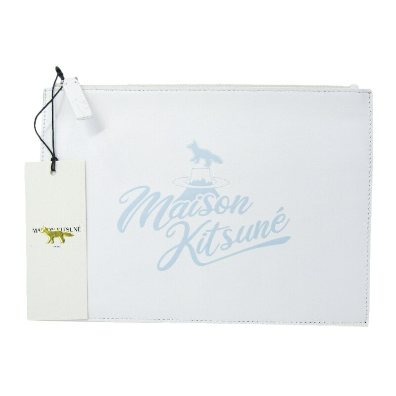 Rakuten - 【中古】美品 MAISON KITSUNE メゾンキツネ ポーチ JU05335LC0033 フラット ジップ クラッチバッグ レザー ホワイト 白 バッグ 鞄 61005004