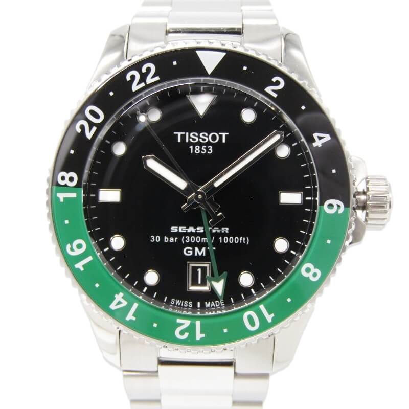樂天商城 - 【中古】美品 TISSOT ティソ シースター 1000 GMT 40MM T120.852.11.051.00 クオーツ T120852A SEA STAR ブラック グリーン T1208521105100 メタルブレスレット SS クオーツ 腕時計 28012303