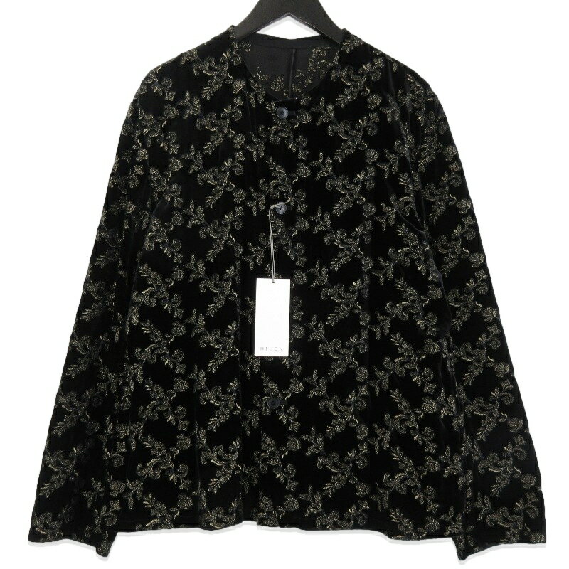 未使用 HEUGN ユーゲン Jonas French Velvet Blouson SHIRT120 ノーカラーブルゾン ベロア 刺繍 ブラック 黒 3メンズ 71015878