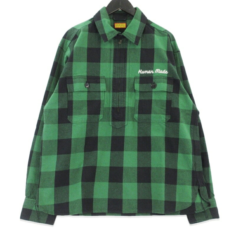 樂天商城 - 【中古】美品 HUMAN MADE ヒューマンメイド CHECK HALF-ZIP SHIRT HM31SH009 長袖チェックシャツ ハーフジップ グリーン L メンズ 99001088