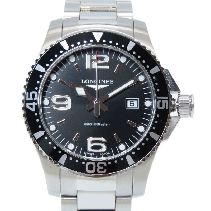【中古】美品 LONGINES ロンジン ハイドロコンクエスト クォーツ L3.730.4.56.6 L37304566 39mm SS メンズ アナログ ブラック 黒 クオーツ 腕時計 28012763