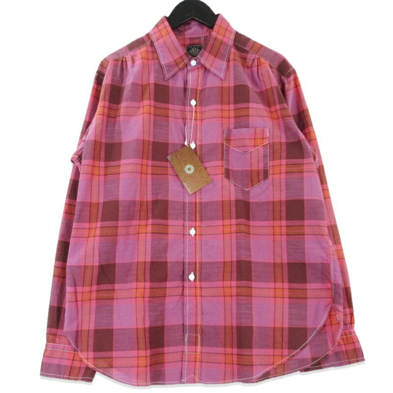 樂天商城 - 【中古】未使用 POST O'ALLS ポストオーバーオールズ Original BL Shirt 3232-CPP 長袖シャツ コットンプレイド マドラス ピンク M ボタンレス 日本製 メンズ 99001116