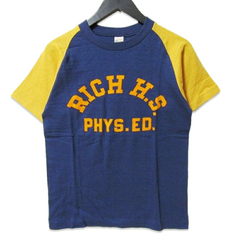 樂天商城 - 【中古】美品 WAREHOUSE ウエアハウス 半袖Tシャツ 4077 RICH H.S. フロッキープリント コンビラグランT ゴールド袖 日本製 ネイビー Sメンズ 27113964