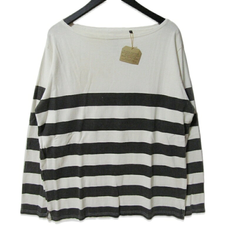DEVISE FACTORY ディバイスファクトリー 長袖Tシャツ A3701B Cotton Rayon Relaxed Boat Neck Stripe Print ホワイト 白 LLong Sleeve Tshirt ボーダー ボートネックメンズ 27114320