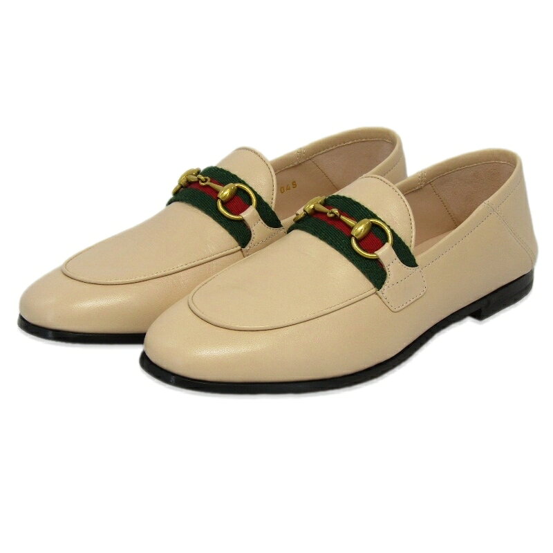 未使用 GUCCI グッチ 34.5 ホースビットローファー 631619 CQXM0 シェリーライン 21.5cm ウィメンズ MALAGA KID SKIN ROSE イタリア製 ウェブストライプ ベージュピンク系 マラガキッドレザー 子ヤギ革 フラットシューズ シューズ 18002279
