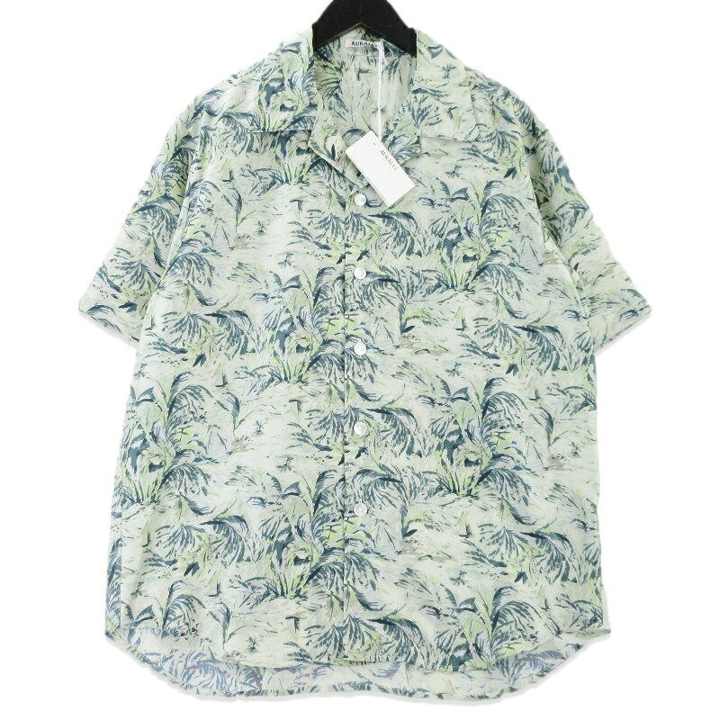【中古】美品 AURALEE オーラリー PRINTED AIRY SILK HALF-SLEEVED SHIRT A26SS01AP アロハシャツ オープンカラーシャツ PALE GREEN 4 半袖シャツ シルク 総柄 メンズ 99001687