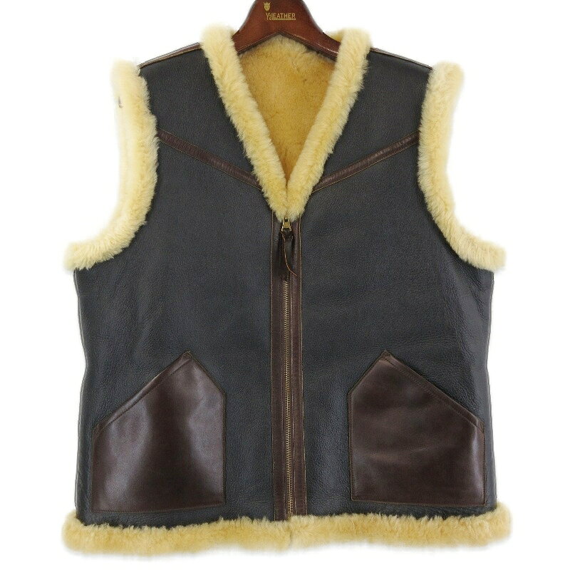 【中古】美品 Y'2 LEATHER ワイツーレザー レザーベスト CM-06 COLOMER MOUTON VEST リバーシブル ブラック 黒 44 メンズ 71016632
