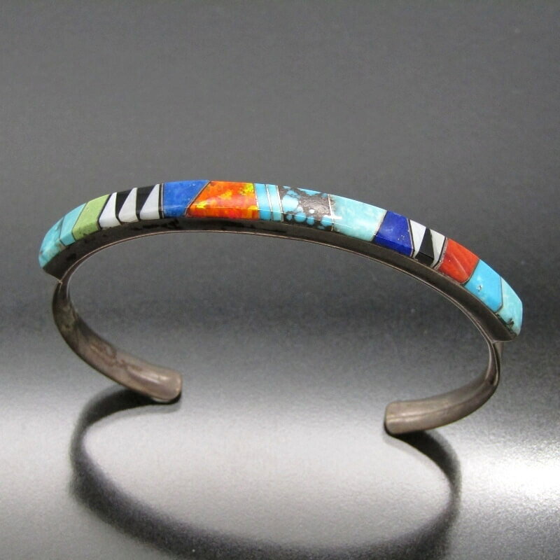 【中古】美品 Navajo FL LL ナバホ族 バングル マルチカラー インレイ ブレスレット ターコイズ 天然石 インディアンジュエリー シルバー 28013300
