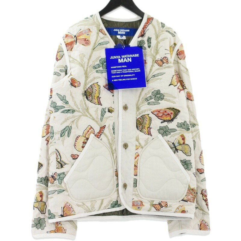 【中古】未使用 JUNYA WATANABE MAN ジュンヤワタナベマン キルティングジャケット WQ-J026 蝶柄 綿麻ヴィスコース 本刺繍 ベージュ L 蝶柄 リバーシブルジャケット ダメージ加工 2025 メンズ 99001778