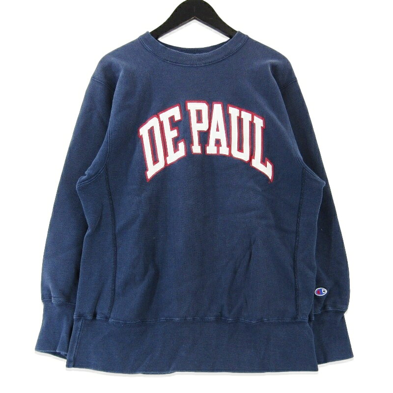 【中古】Champion チャンピオン クルーネック スウェット USA製 80s REVERSE WEAVE リバースウィーブ プリント DE PAUL ネイビー L メンズ 99002391