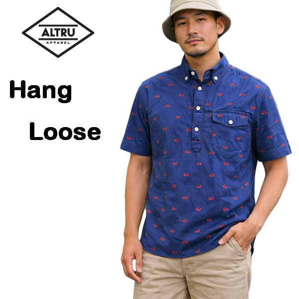 乐天商城 - ALTRU シャツ メンズ 半袖 ボタンダウン プルオーバー Hang Loose Shirt 総柄 ネイビー スリムフィット USA製 コットンポプリン
