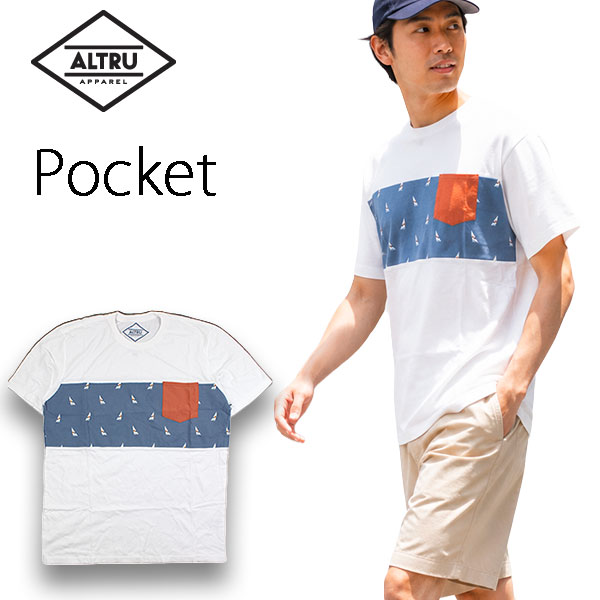 Rakuten - ALTRU Tシャツ メンズ 半袖 ポケt ヨット柄 ポケット付き USA製 コットン サーフ ボーダー 総柄 アルトゥル 白 おしゃれ アメカジ