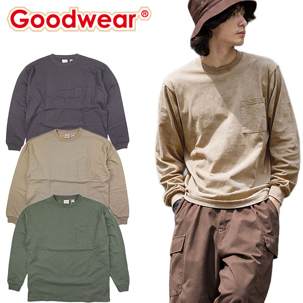 Rakuten - GOODWEAR グッドウェア ロンT 長袖 Tシャツ メンズ レディース 2W7-5500 無地 ポケットT ヘビーウェイト 7.6oz ビッグシルエット USAコットン 袖リブ ポケット付き ユニセックス 春 秋 冬 セール