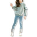 キッズ セットアップ 長袖 トレーナー デニムパンツ 上下セット パステルブルー 女の子 カジュアル 韓国 子供服 (140)