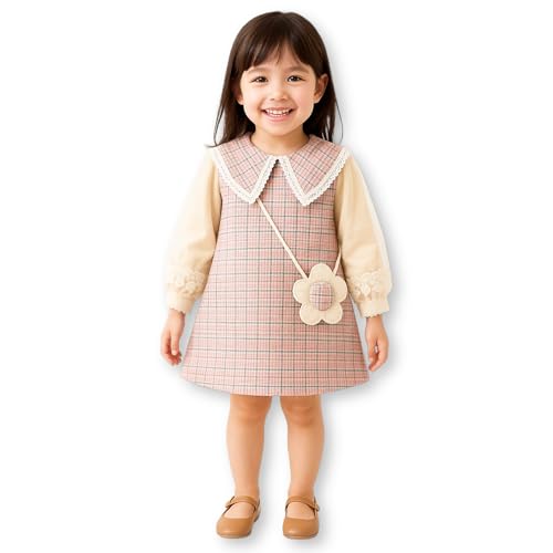 キッズ ワンピース ピンク チェック柄 飾り花ポシェット 袖刺 レース 入園式 フォーマル 発表会 結婚式 誕生日 お出かけ (70cm)
