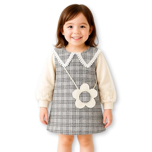 ワンピース キッズ ブラック チェック柄 袖刺 レース 花ポシェット飾り 入園式 お出かけ 発表会 結婚式..