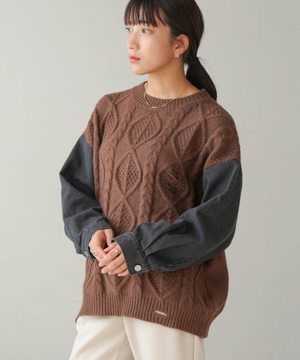 Bou Jeloud ブージュルード デニムドッキングケーブルニット トップス レディース Bou Jeloud ブージュルード デニムドッキングケーブルニット トップス レディース