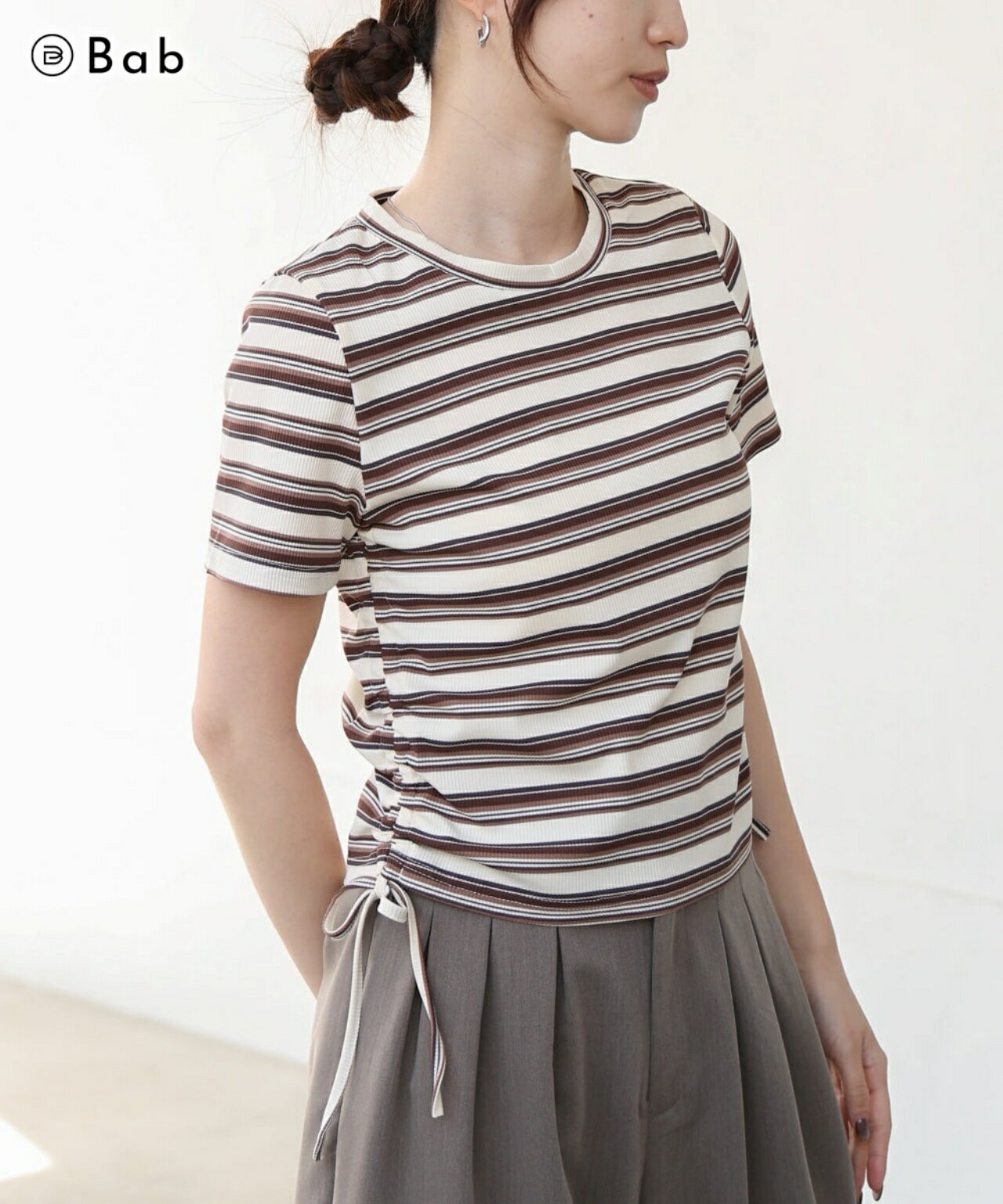【クーポン利用で5%OFF★11日1:59まで】Bab バブ マルチボーダーサイドシャーリングTシャツ アウター レディース