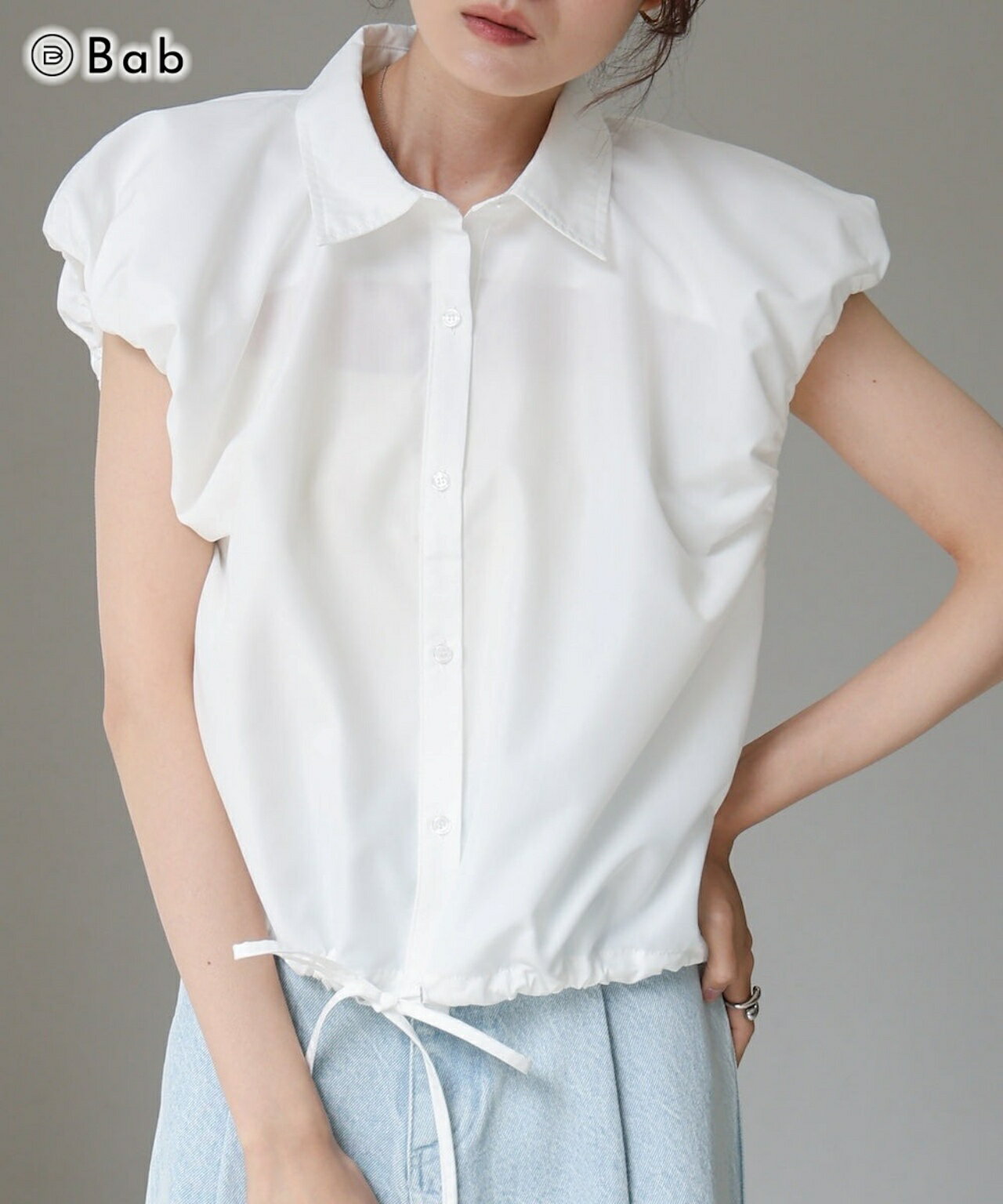 【30%OFF★楽天スーパーSALE】Bab バブ ブロード裾リボンバルーンスリーブシャツ アウター レディース ..