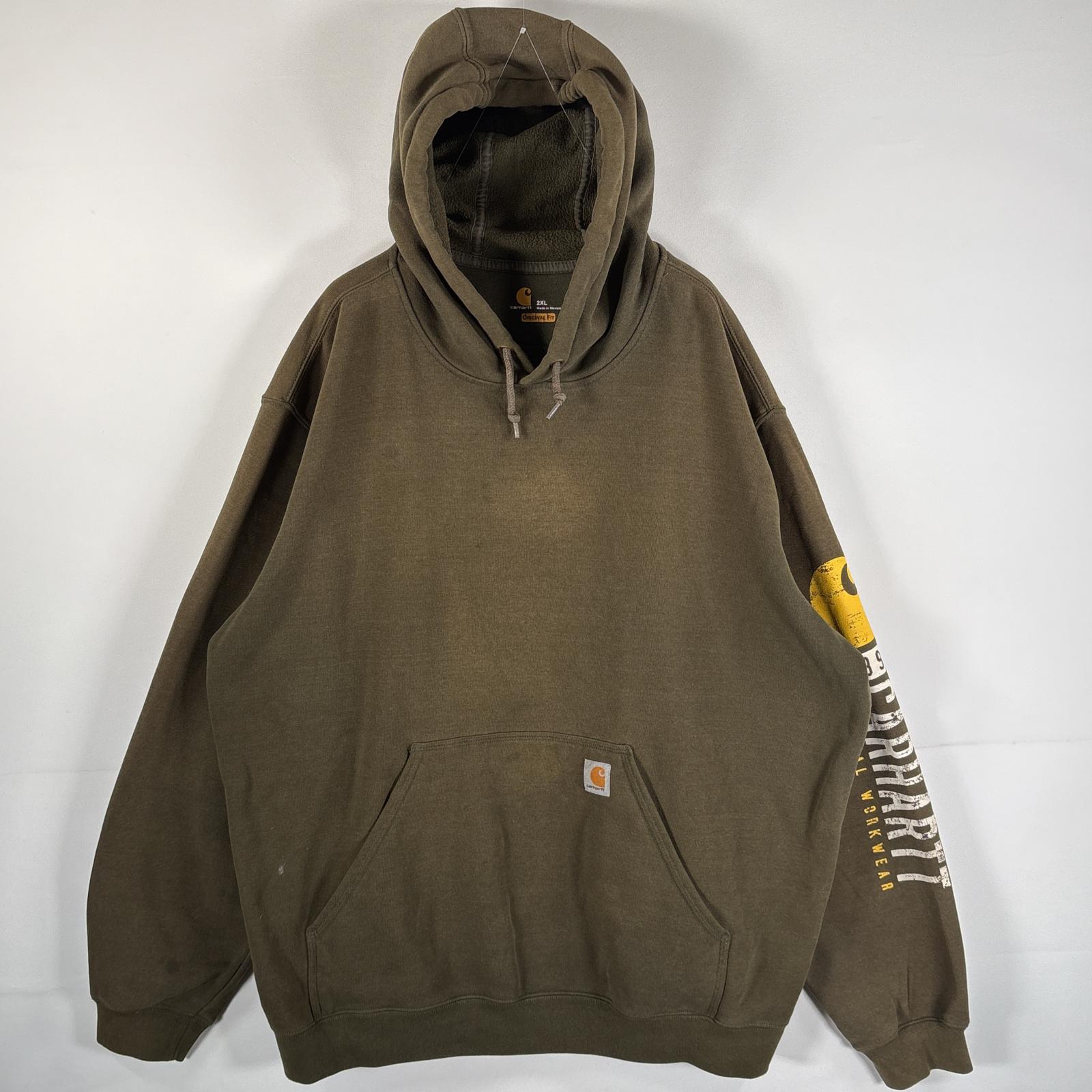 古着 カーハート Carhartt パーカー 大きいサイズ ワンポイントロゴ マフポケット 袖プリント ラバープリント 2XL Regular ブラウン系 メン...