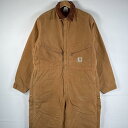 古着 カーハート Carhartt 長袖つなぎ ダック地 ワーク 作業着 オールインワン 裾ファスナー 大きいサイズ 中綿 ワンポイント ベージュ メンズ 【中...