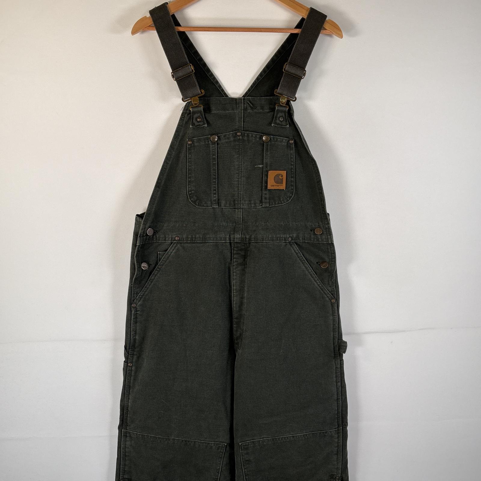 古着 カーハート Carhartt USA製 オーバーオール ダック ワンポイントロゴ ワーク ダブルニー 大きいサイズ キルティングライナー 36x32 カーキ系 メンズ 【中古】