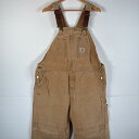 古着 カーハート Carhartt オーバーオール ダック ワーク ワンポイントロゴ サイドポケット ダブルニー 大きいサイズ w44 L32 キャメル メンズ...