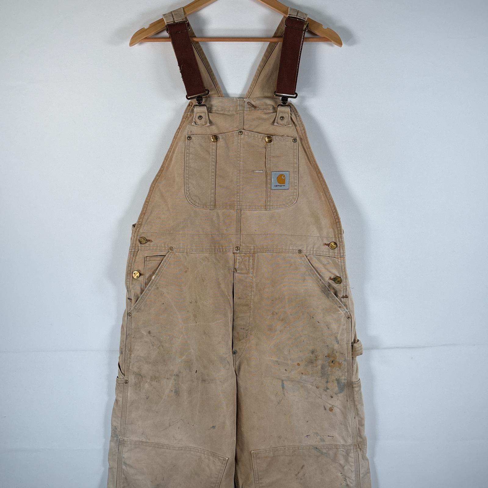 古着 カーハート Carhartt オーバーオール ダック ワーク ワンポイントロゴ サイドポケット ダブルニー 大きいサイズ ハンマーループ ベージュ系 メンズ 【中古】