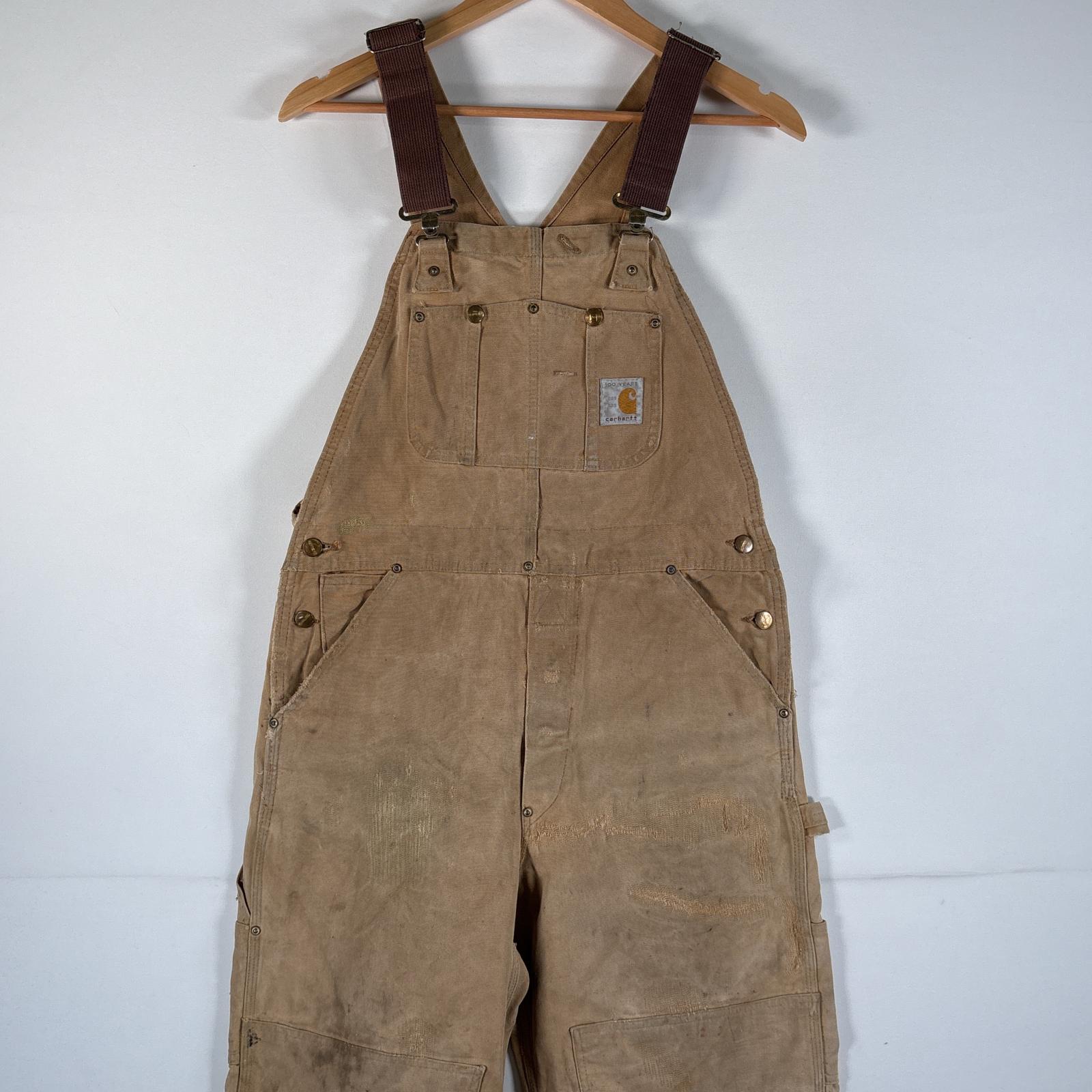 古着 80's/80年代 ヴィンテージ カーハート Carhartt USA製 オーバーオール ダック ワーク ワンポイントロゴ サイドポケット ダブルニー 100YEARS w34 L30 キャメル メンズ 【中古】