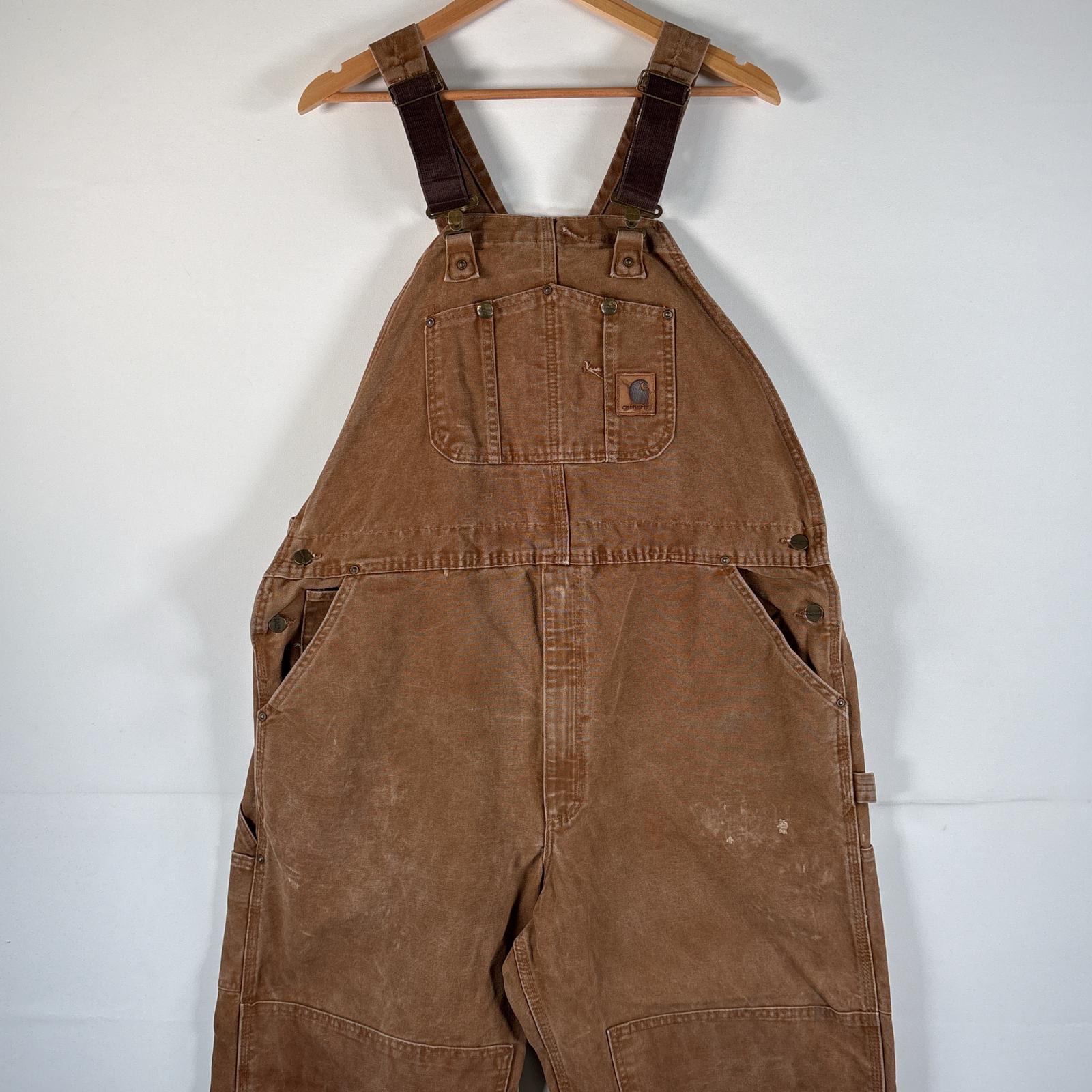 古着 カーハート Carhartt オーバーオール ダック ワーク ワンポイントロゴ サイドポケット 大きいサイズ ダブルニー w44 L30 ブラウン系 メンズ 【中古】