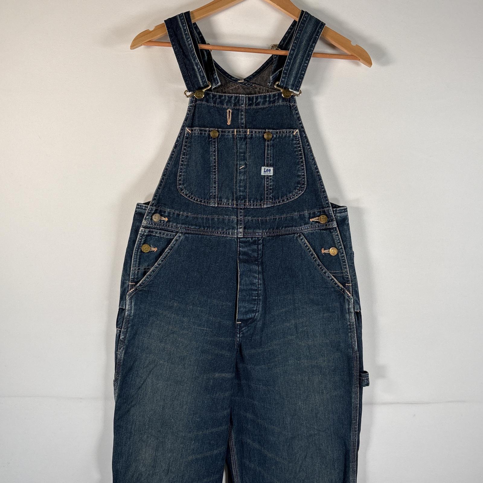 古着 リー Lee オーバーオール デニム ワーク ワンポイントロゴ ボタンフライ ハンマーループ サイドポケット w28 L33 ブルー系 メンズ 【中古】