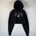 古着 チャンピオン Champion パーカー リバースウィーブ カットオフ ワッペン 短丈 ショート丈 リメイク SMALL ブラック レディース 【中古】