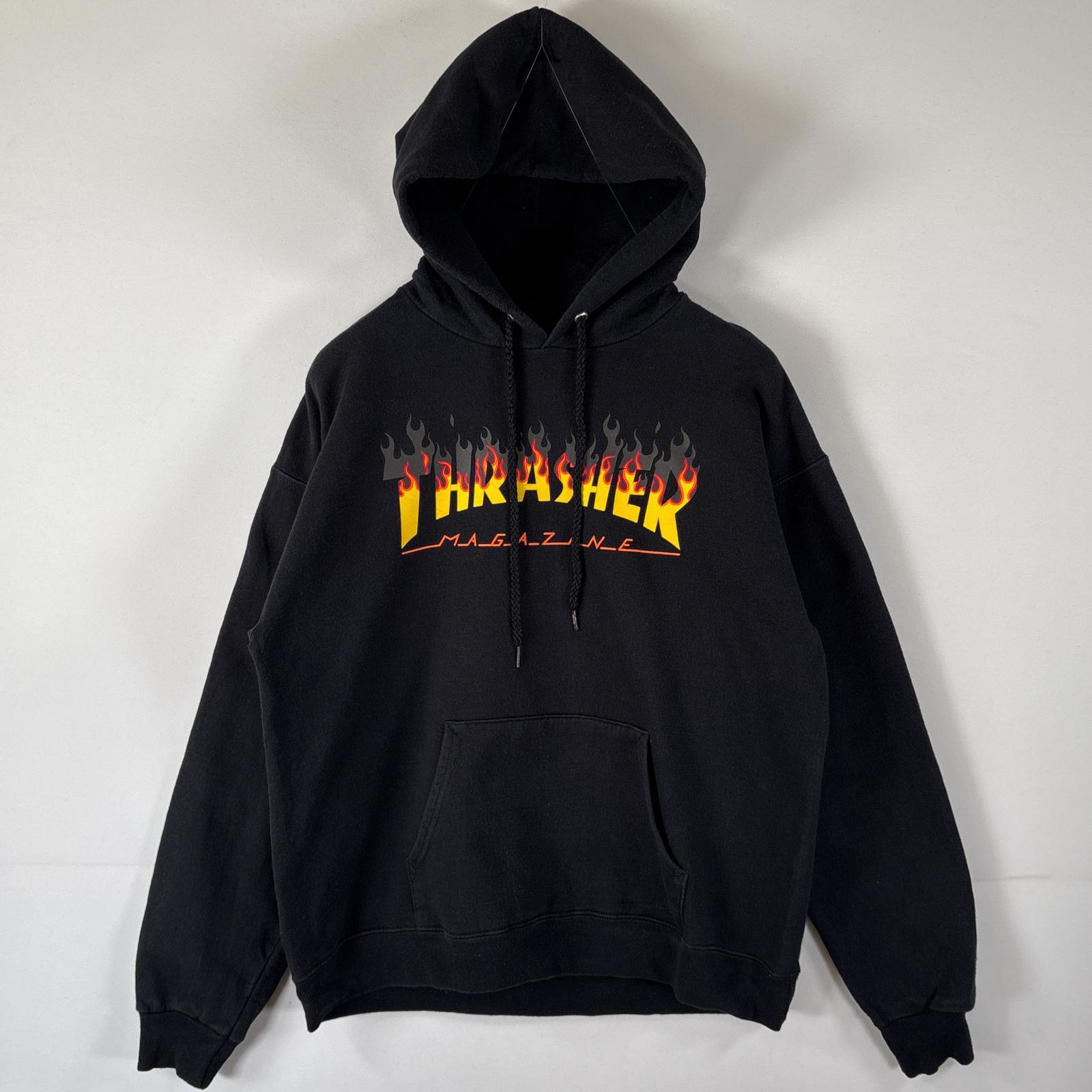 古着 スラッシャー THRASHER パーカー フーディ プルオーバー ファイヤーパターン ストリート プリントデザイン M ブラック メンズ 【中古】