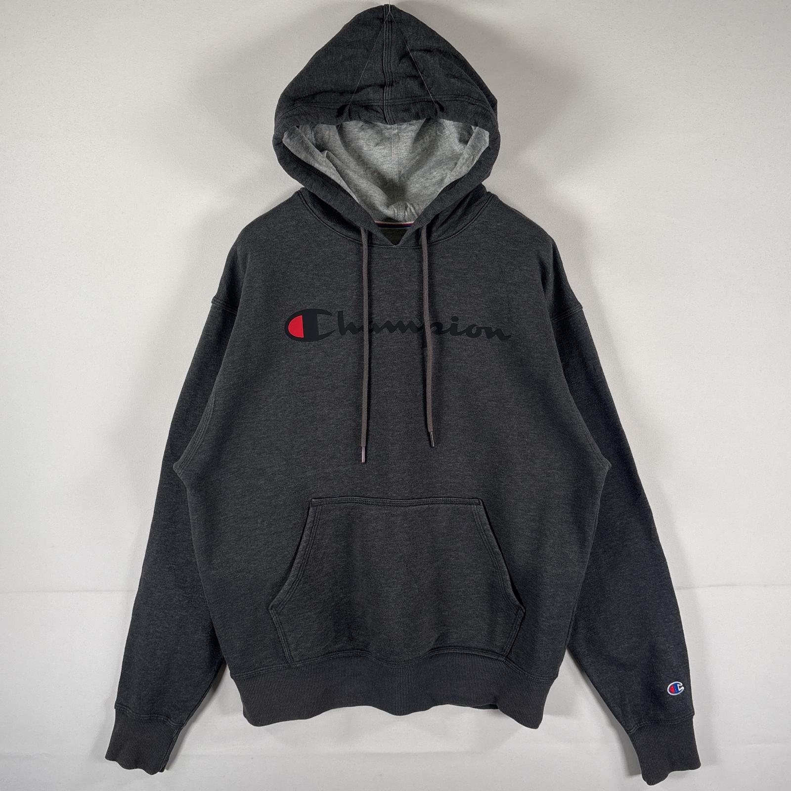 古着 チャンピオン Champion パーカー スウェット フーディ ビッグロゴプリント プルオーバー マフポケット M ダークグレー メンズ 【中古】