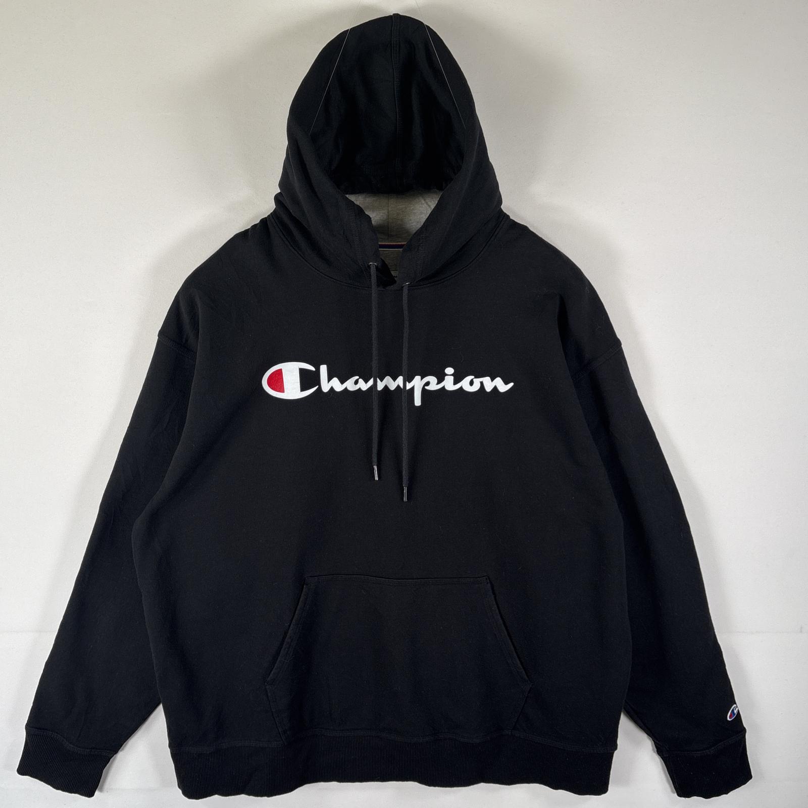 古着 チャンピオン Champion パーカー スウェット フーディ プルオーバー ビッグロゴプリント 大きいサイズ XXL ブラック メンズ 【中古】