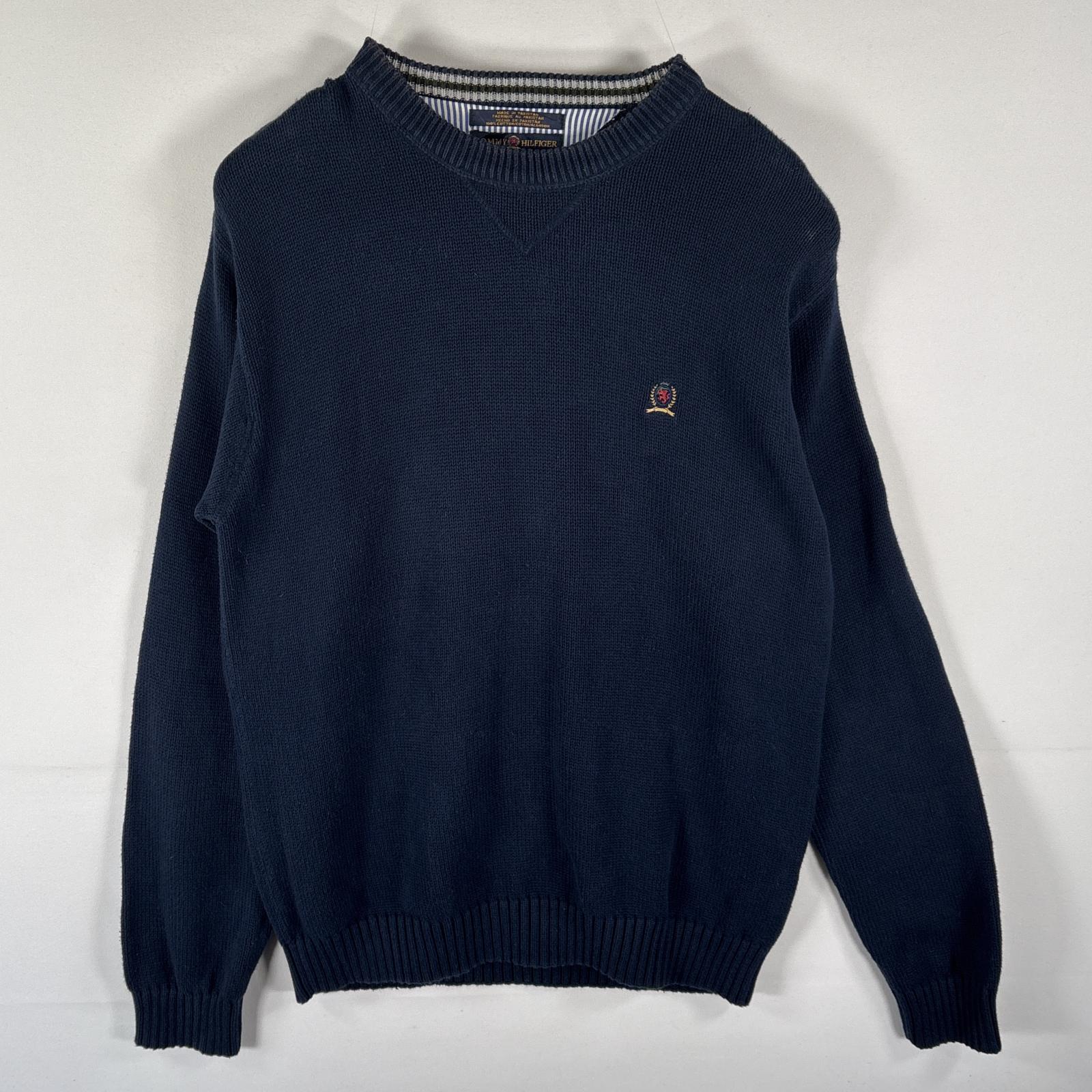 古着 トミーヒルフィガー TOMMY HILFIGER セーター コットンニット クルーネック 前V ワンポイントロゴ刺繍 L ネイビー メンズ 【中古】