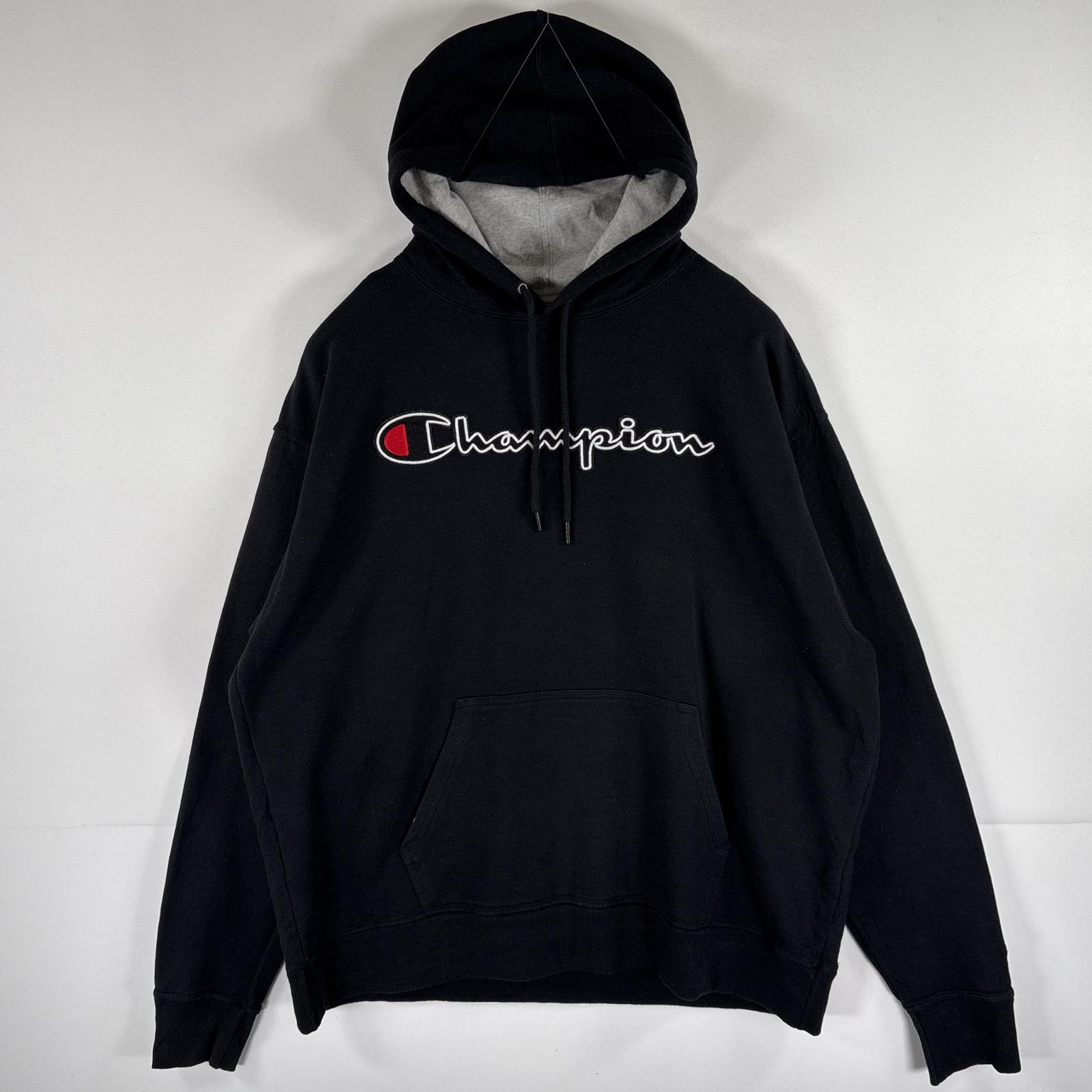 古着 チャンピオン Champion パーカー スウェット プルオーバー ビッグロゴワッペン刺繍 大きいサイズ XL ブラック メンズ 【中古】(4)