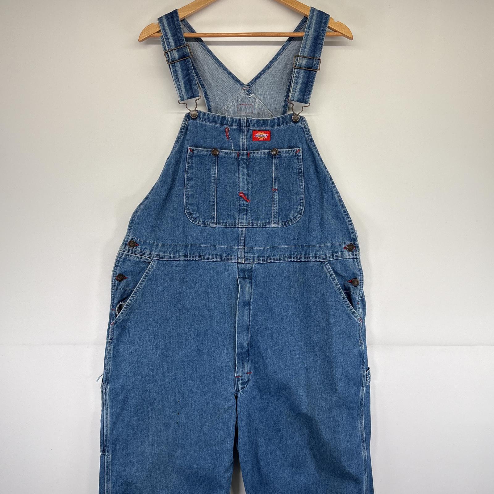 古着 ディッキーズ Dickies オーバーオール デニム ワーク ワンポイントロゴ 大きいサイズ ジップフライ w40 L32 ブルー メンズ 【中古】