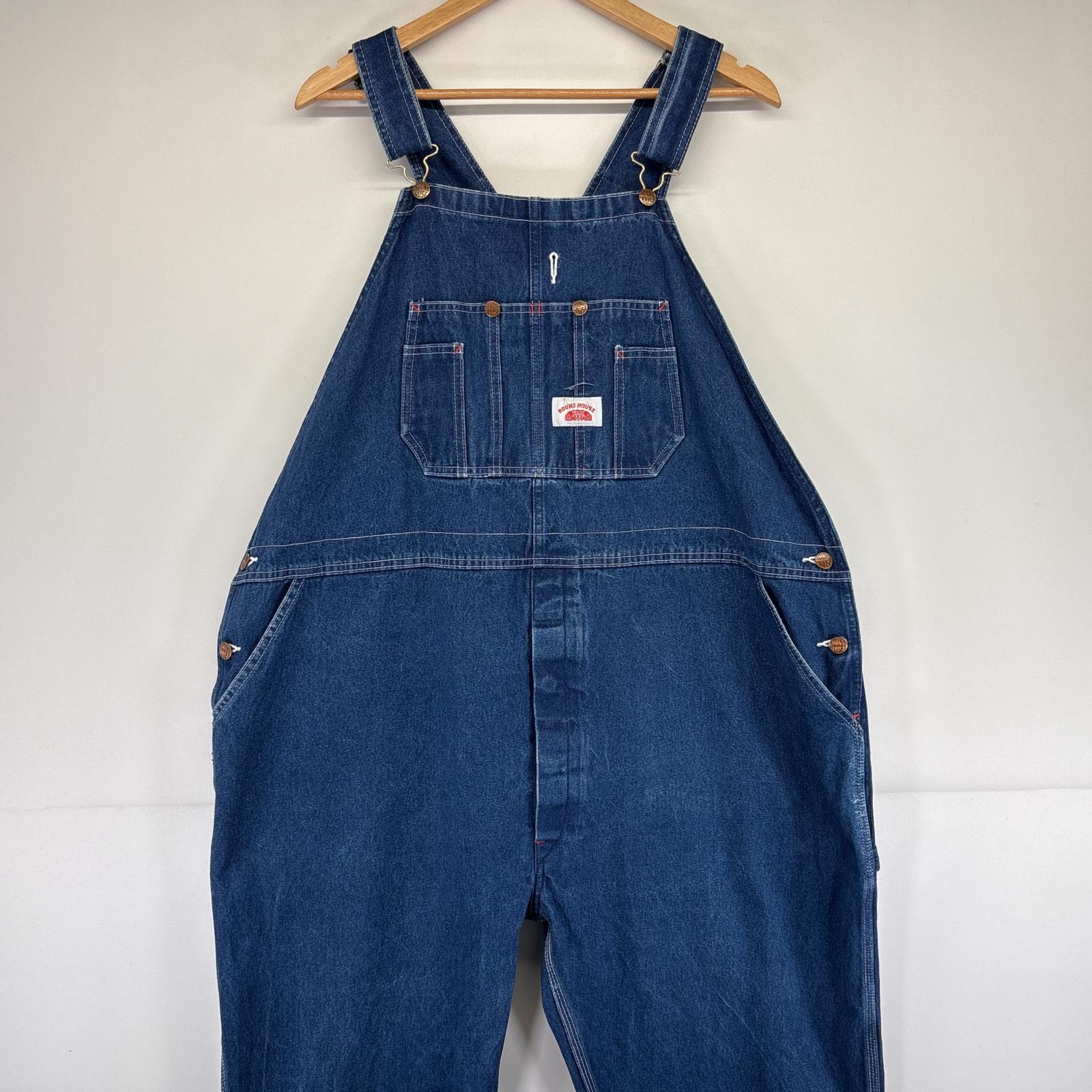 古着 ラウンドハウス ROUND HOUSE オーバーオール デニム ワーク ワンポイントロゴ 大きいサイズ 胸ポケット w48 L30 ブルー メンズ 【中古】