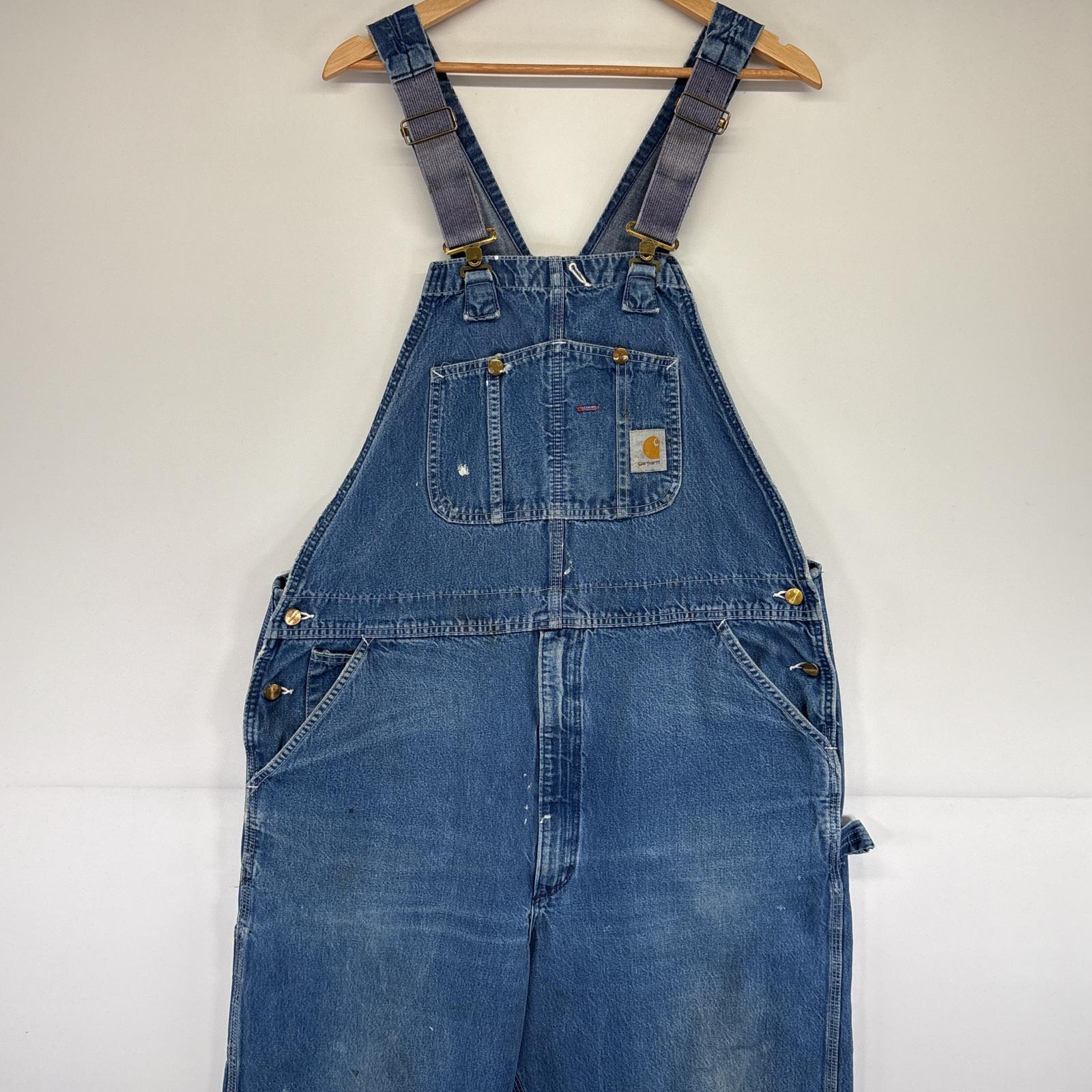 古着 カーハート Carhartt オーバーオール デニム ワーク ワンポイントロゴ ペイント 胸ポケット ブルー メンズ 【中古】