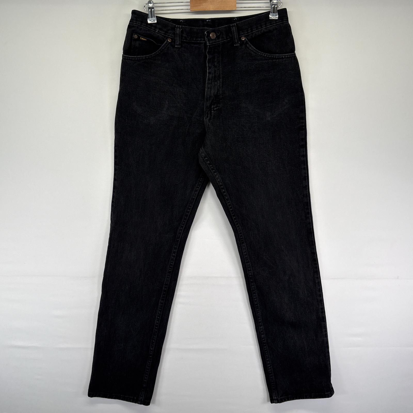 古着 リー Lee USA製 デニムパンツ ストレート レザーパッチ ワーク 5ポケット ジーンズ ジーパン 色落ち ヒゲ w34 L34 ブラック メンズ 【中古】