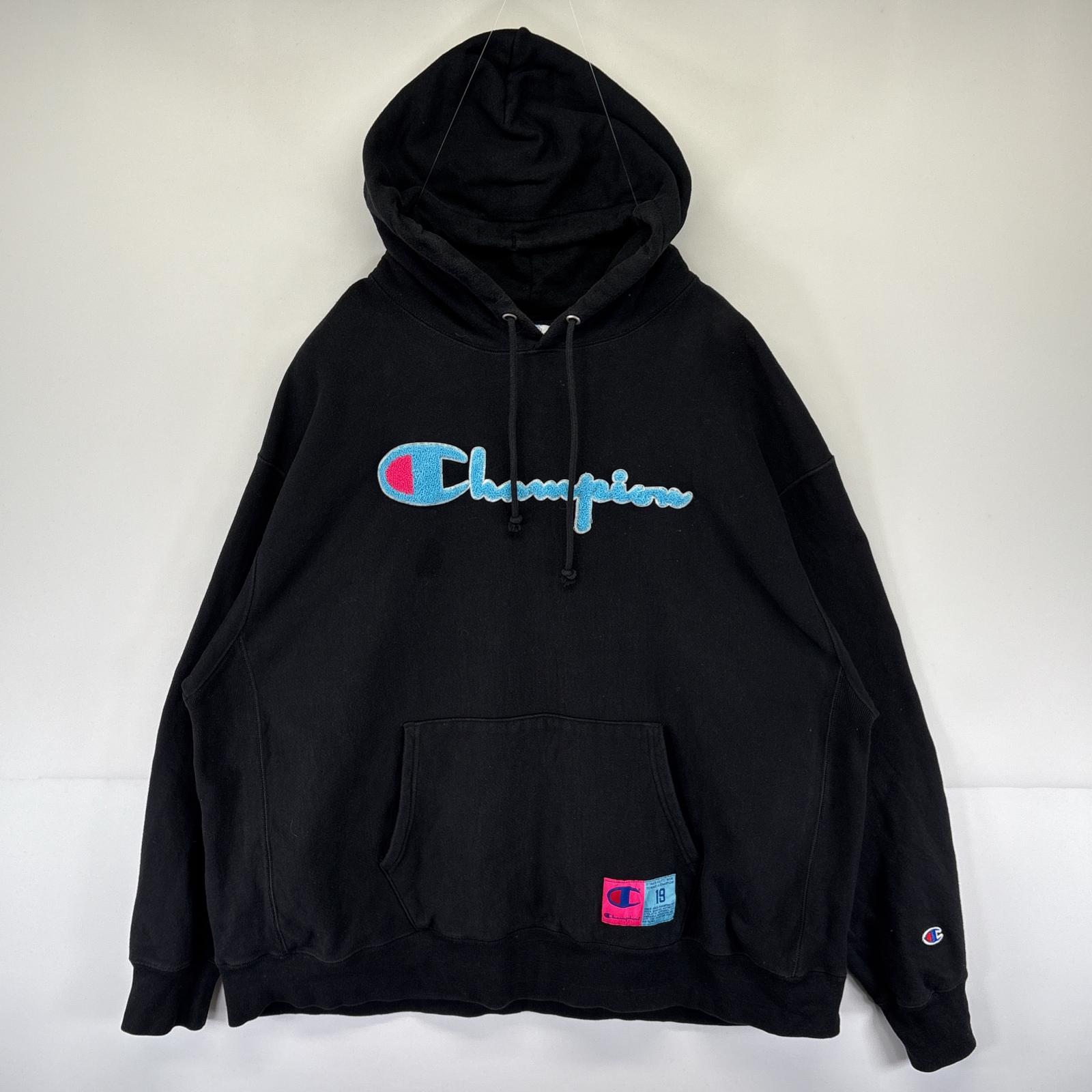 古着 チャンピオン Champion パーカー スウェット プルオーバー フーディ リバースウィーブ ロゴワッペン XXXL ブラック メンズ 【中古】