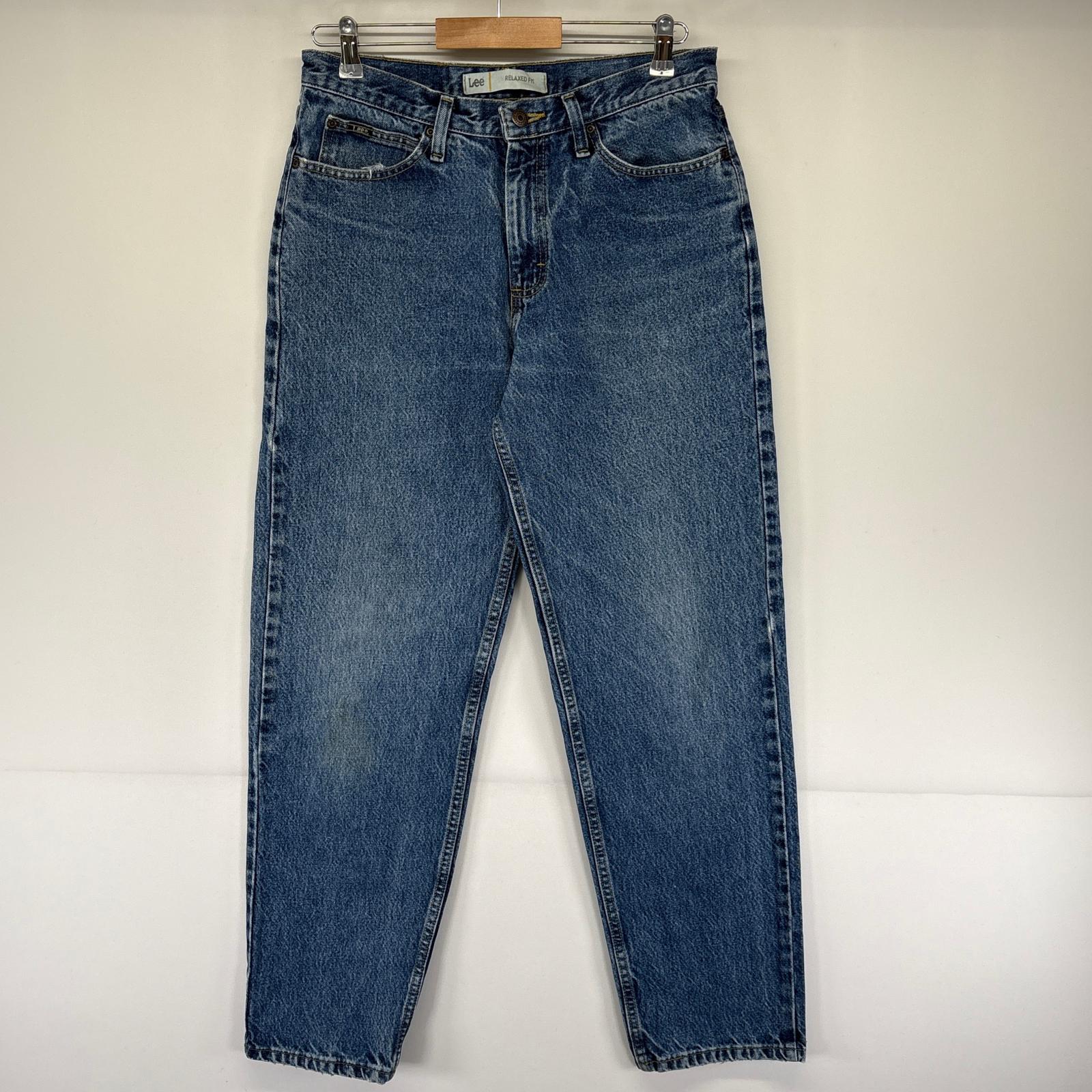 古着 リー Lee デニムパンツ テーパード レザーパッチ ブルーデニム ジーンズ ジーパン ジッパーフライ w32 L32 ブルー メンズ 【中古】のサムネイル