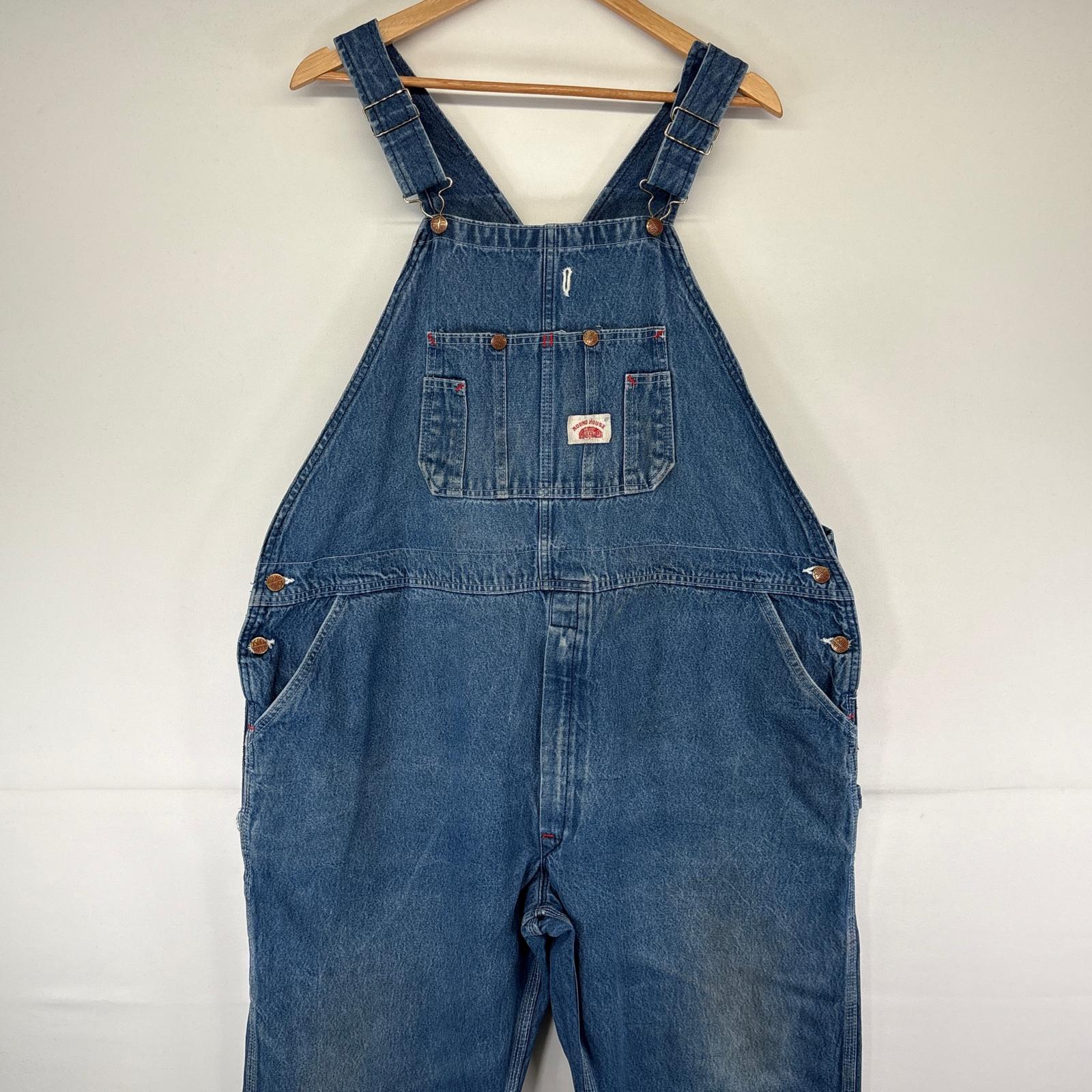 古着 90's/90年代 ラウンドハウス ROUND HOUSE USA製 オーバーオール デニム ワーク ワンポイントロゴ ジップ w48 L30 ブルー メンズ 【中古】