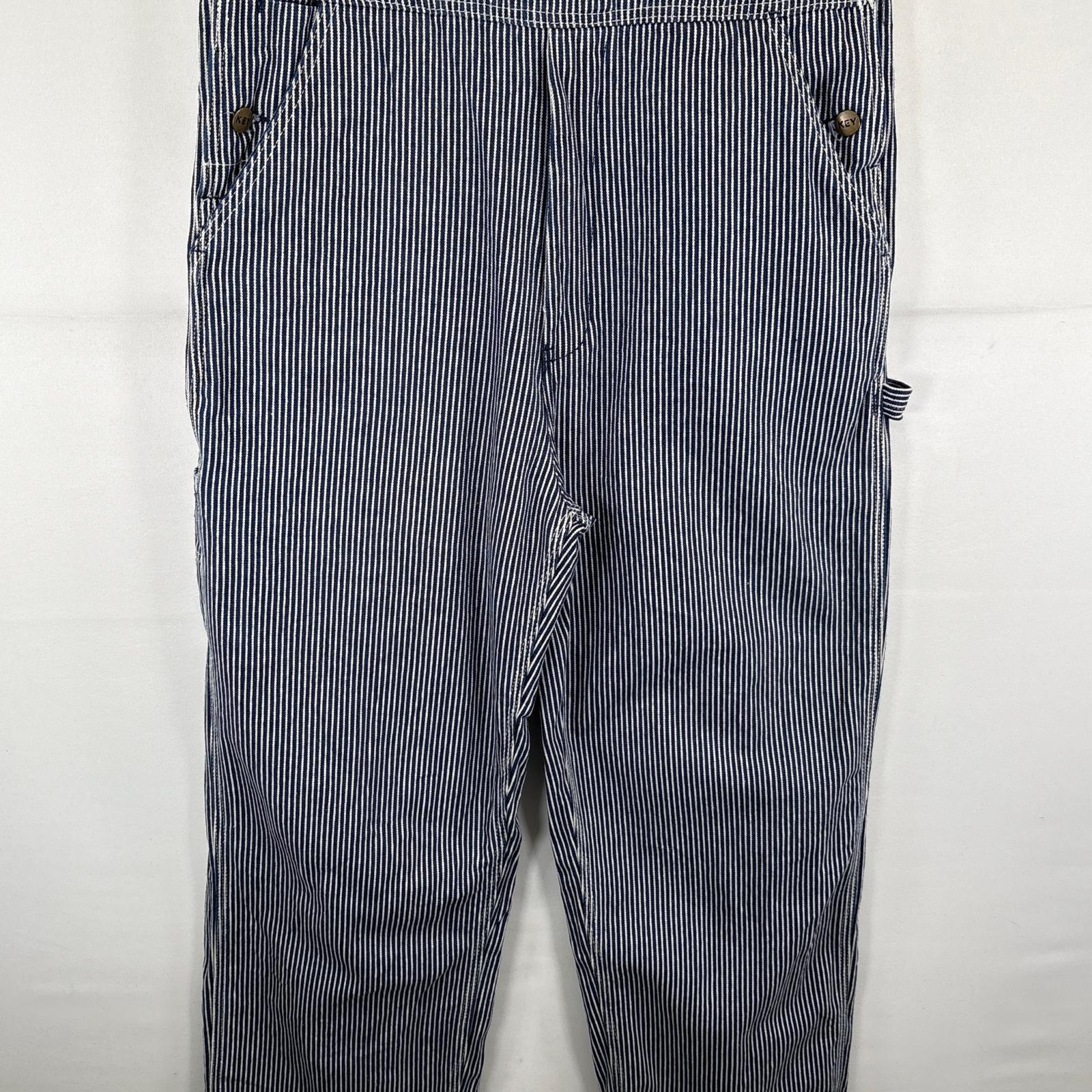 古着 キー KEY オーバーオール デニム ヒッコリー ワンポイントロゴ ワーク ストライプ w34 L29 ブルー系 メンズ 【中古】